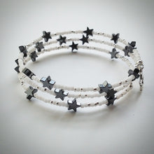Beaded memory wire bracelet - white and silver plated beads and Hematite stars - eDgE dEsiGn London