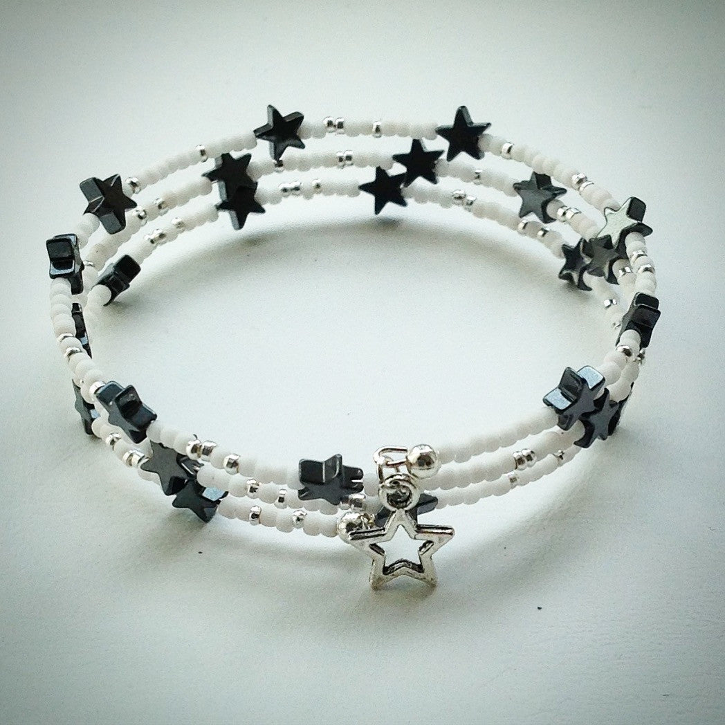 Beaded memory wire bracelet - white and silver plated beads and Hematite stars - eDgE dEsiGn London