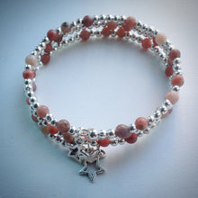 Beaded memory wire bracelet - Silver with Pink/Brown Lepidolite and Stars - eDgE dEsiGn London