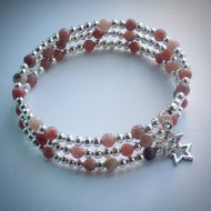 Beaded memory wire bracelet - Silver with Pink/Brown Lepidolite and Stars - eDgE dEsiGn London