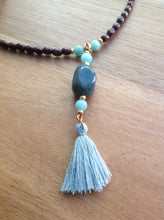 Beaded necklace - wood, turquoise Jade, gold beads, green Jasper and grey tassel pendant - eDgE dEsiGn London