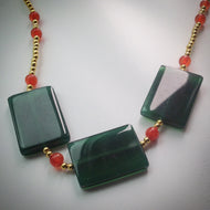 Beaded necklace - Gold beads with large Jade rectangular beads and Red/Orange/Pink Mashan Jade beads - eDgE dEsiGn London