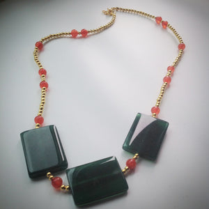 Beaded necklace - Gold beads with large Jade rectangular beads and Red/Orange/Pink Mashan Jade beads - eDgE dEsiGn London