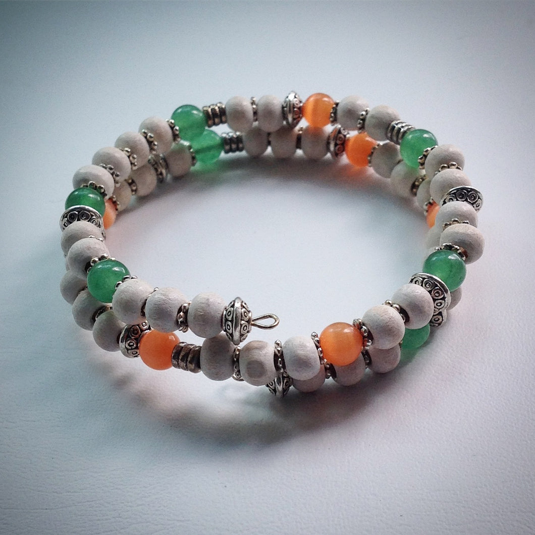 Beaded memory wire bracelet - white vintage wooden beads, Orange Tigers Eye and Malaysian Jade - eDgE dEsiGn London