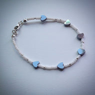 Beaded bracelet - white and silver seed beads with grey Hematite hearts - eDgE dEsiGn London
