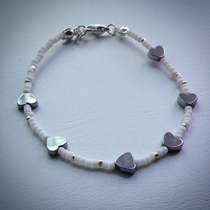 Beaded bracelet - white and silver seed beads with grey Hematite hearts - eDgE dEsiGn London