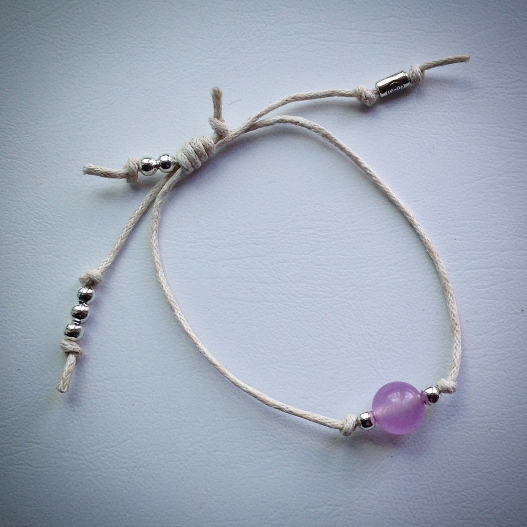 Adjustable sliding knot cord bracelet - white with lilac Malaysian Jade bead and silver beads - eDgE dEsiGn London