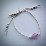 Adjustable sliding knot cord bracelet - white with lilac Malaysian Jade bead and silver beads - eDgE dEsiGn London