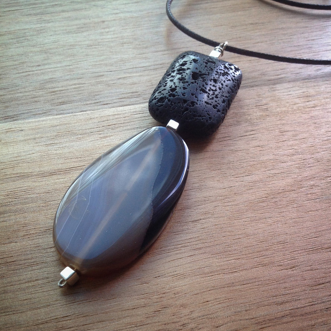 Black sliding knot cord necklace - pendant with large volcanic rock and oval brown Agate bead - eDgE dEsiGn London