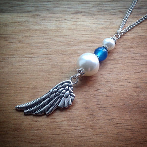 Silver chain necklace with Pearls, Blue Agate Bead and Wing Pendant - eDgE dEsiGn London