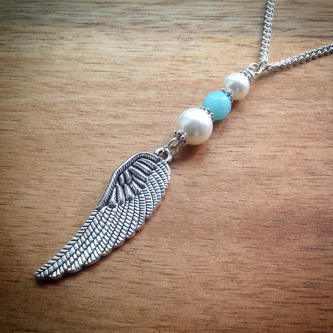 Silver chain necklace with Pearl, Turquoise Jade and Wing Pendant - eDgE dEsiGn London