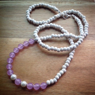 Beaded necklace - white vintage wooden beads, pearls and lilac jade beads and silver spacers - eDgE dEsiGn London