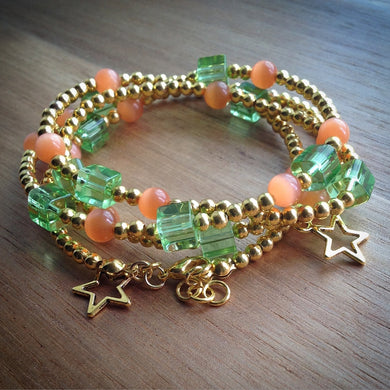 Beaded necklace/lacelet - gold beads, green glass cube and orange tigers eye beads  with gold stars - eDgE dEsiGn London