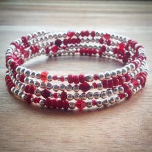 Beaded memory wire bracelet - silver beads, red beads and seed beads and swarovski crystal beads - eDgE dEsiGn London