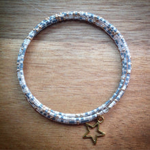 Beaded memory wire bracelet - white, gold and blue/grey seed beads and gold star pendant - eDgE dEsiGn London