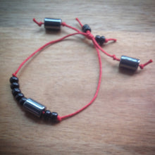 Adjustable sliding knot cord bracelet - red cord with black beads and grey Hematite Tube beads - eDgE dEsiGn London
