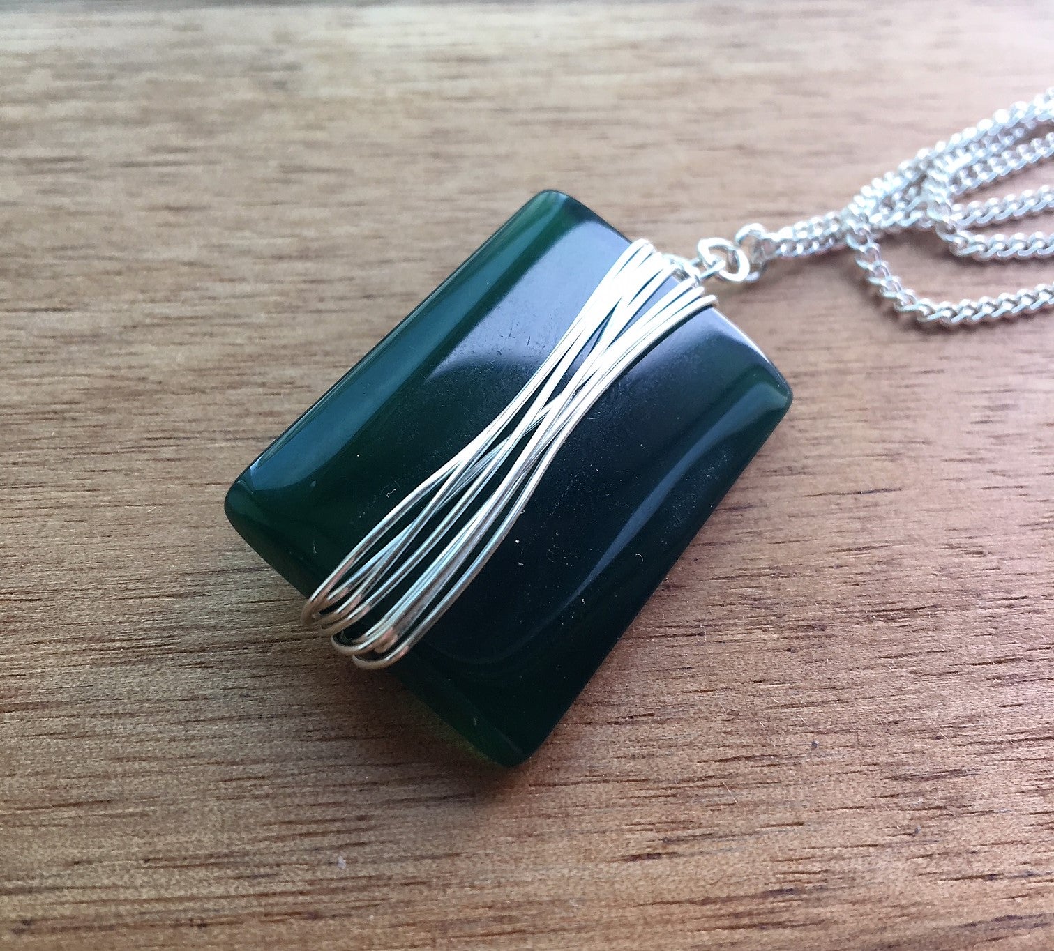 Jade Rectangular Wire Wrapped Pendant on Silver Necklace eDgE