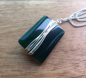 Jade Rectangular Wire Wrapped Pendant on Silver Necklace - eDgE dEsiGn London
