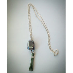 Silver plated chain - Large Hematite Bead Pendant with Green Tassel - eDgE dEsiGn London