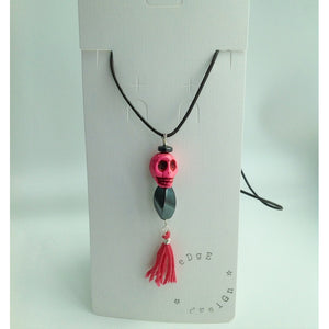 Coloured cord necklace with pendant - Pink Skull, Hematite and Tassel - eDgE dEsiGn London