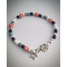 Beaded bracelet - Coral, Lapis Lazuli, white, turquoise and antique silver with star pendant - eDgE dEsiGn London