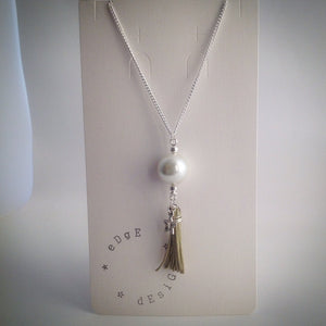Silver plated Necklace with Large Pearl Pendant and Beige Tassel - eDgE dEsiGn London