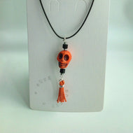 Orange Skull, Tassel and Jet Pendant on Cord Necklace - eDgE dEsiGn London