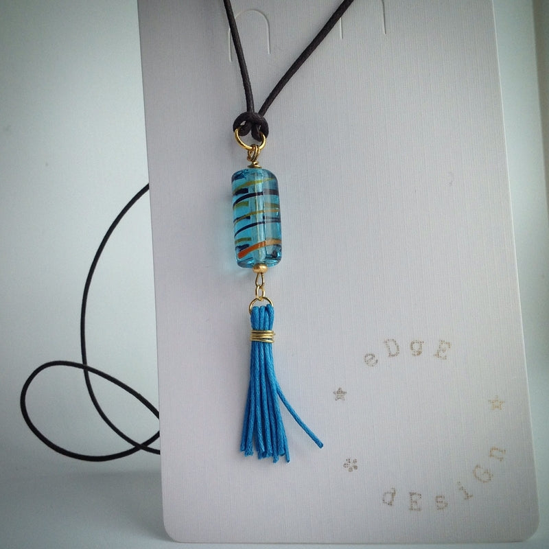 Turquoise Glass and Tassel Pendant on Brown Leather Necklace - eDgE dEsiGn London