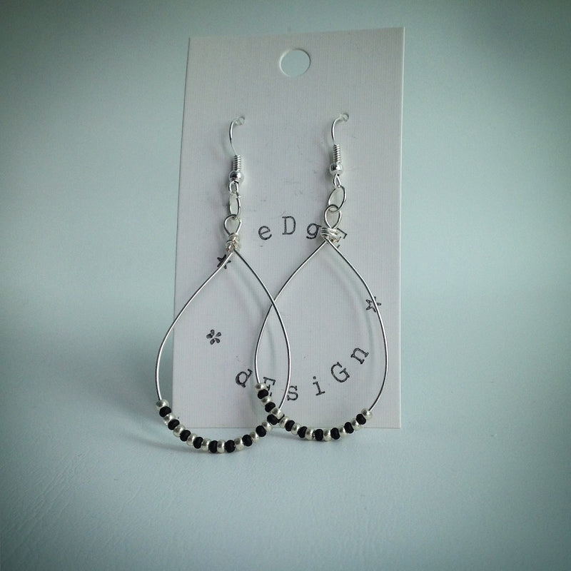 Silver long teardrop earrings with black and silver beads - eDgE dEsiGn London