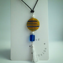 Yellow/Blue Millefiori, Blue Glass and White Tassel Pendant Necklace - eDgE dEsiGn London