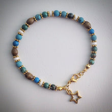 Beaded bracelet - Turquoise ceramic, wood and white beads with gold star pendant - eDgE dEsiGn London