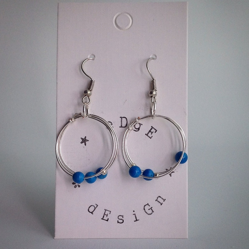 Silver small three loop hoops with small turquoise beads - eDgE dEsiGn London