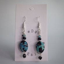 Silver plated drop earrings - Wire wrap turquoise and black beads - eDgE dEsiGn London